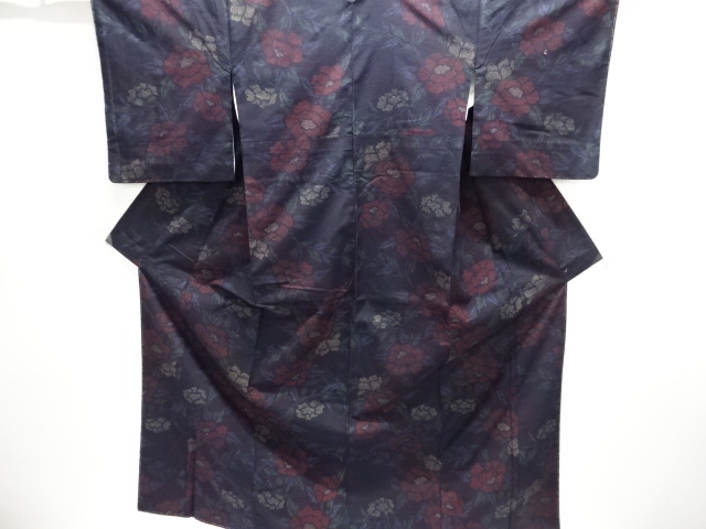 JAPANESE KIMONO / ANTIQUE KIMONO / SILK / TSUMUGI / WOVEN FLOWER